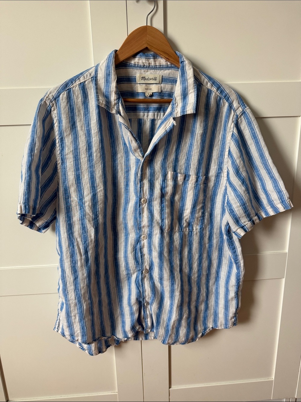 Madewell Linen Blue and White Vertical Stripe Short-Sleeve Button-Down Shirt